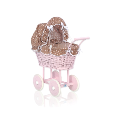 Carrozzina in Vimini con Cappottina per Bambole Marrone Pois Bianchi Rosa Scuro Carrozzina in Vimini con Cappottina per Bambole Marrone Pois Bianchi Rosa Scuro