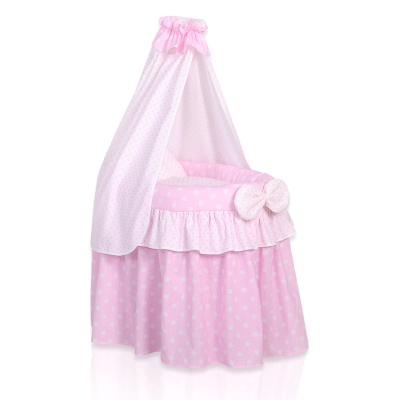 Culla in Vimini con Baldacchino per le Bambole Rosa Pois Bianchi Culla in Vimini con Baldacchino per le Bambole Rosa Pois Bianchi